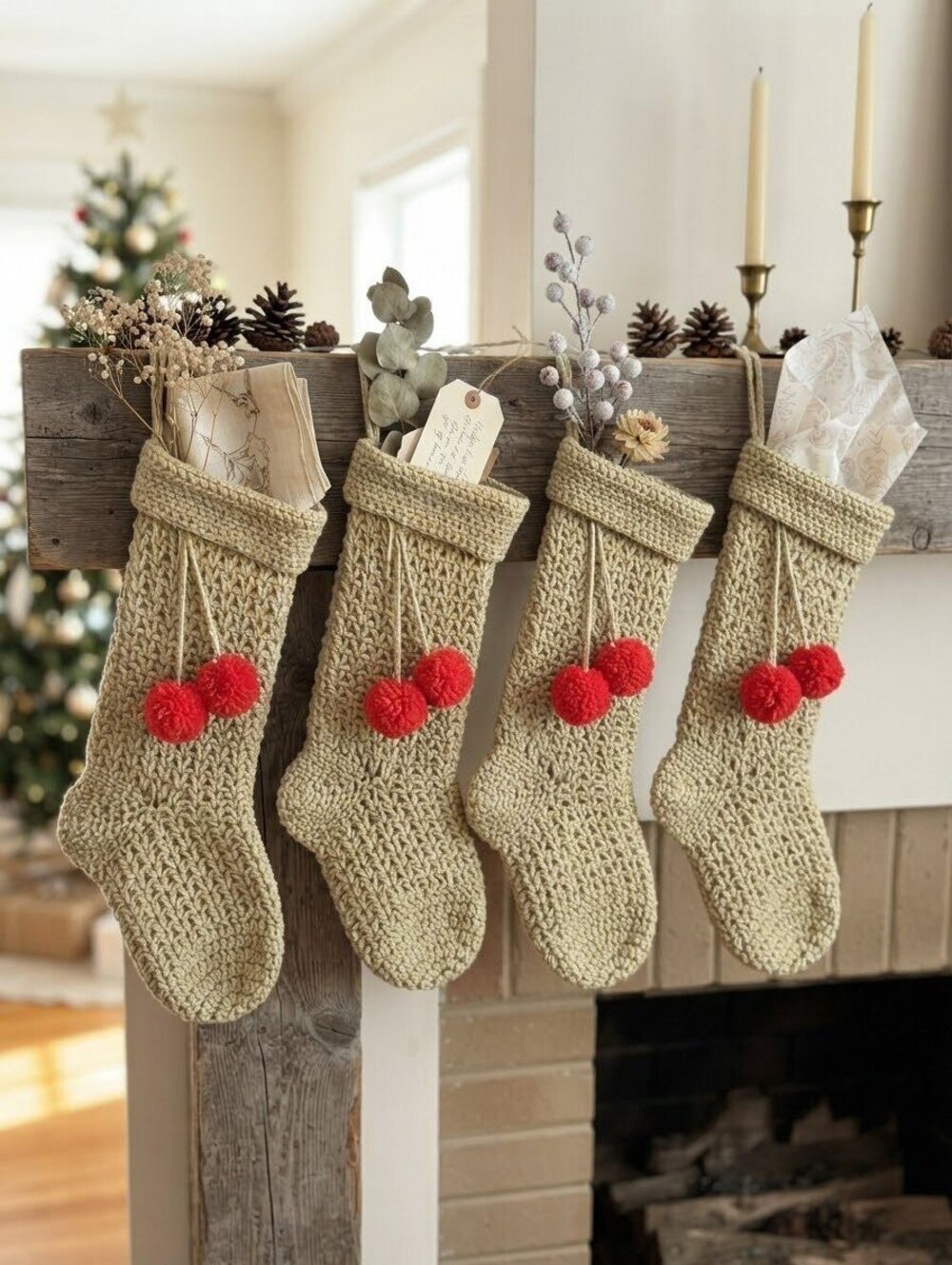 Hand Crocheted pale green Christmas Stocking with Red Pom Poms